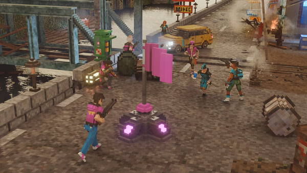 Screenshot from Teardown showing characters in action near a bridge and a pink flag, with a yellow van in the background.