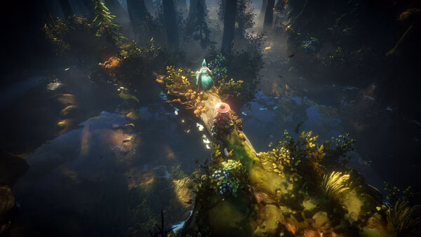 Screenshot from 'No Rest for the Wicked': A character in a forest setting, walking along a moss-covered path surrounded by water.