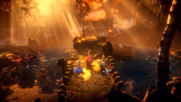 Screenshot from 'No Rest for the Wicked': Three characters stand on a stone bridge surrounded by a glowing, mystical landscape.