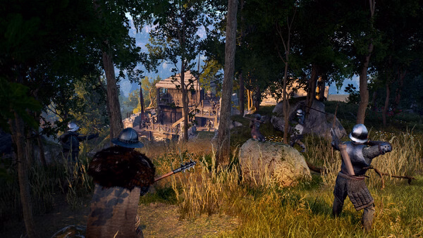 A Bellwright screenshot showing armed characters in a forest near a wooden settlement, preparing for an ambush.