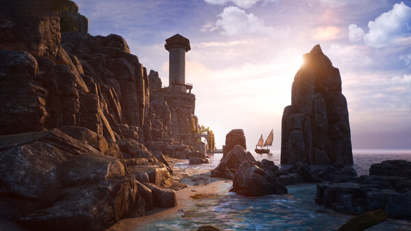 Screenshot from Bellwright showing a serene coastal landscape with rocky cliffs, a tower, and a distant sailing boat at sunset.