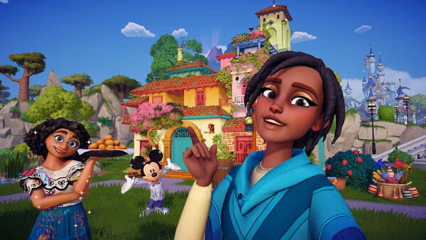 A screenshot of Disney Dreamlight Valley shows characters in front of a colorful house, with Mickey Mouse in the background.