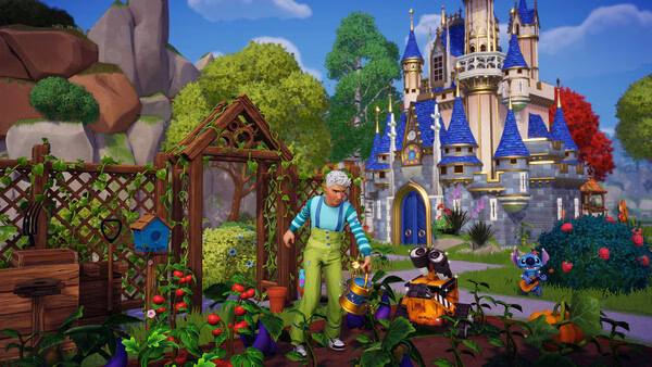 Disney Dreamlight Valley screenshot: A character gardening with a watering can, surrounded by plants, near a castle with blue roofs.