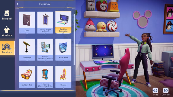 Screenshot from Disney Dreamlight Valley showing a character in front of a desk with a computer, browsing furniture options.