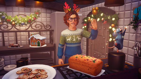 A player wearing reindeer antlers prepares festive food beside Remy in Disney Dreamlight Valley. Screenshot of in-game kitchen scene.