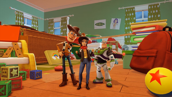 Screenshot from Disney Dreamlight Valley showing three characters standing in a colorful toy-filled room with a red backpack.