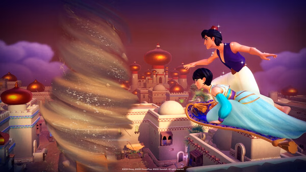 Screenshot from Disney Dreamlight Valley showing two characters flying on a magic carpet above a city with a swirling sandstorm nearby.