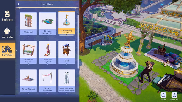 Disney Dreamlight Valley screenshot showing the furniture menu and a character near an Enchanting Fountain in a colorful garden.