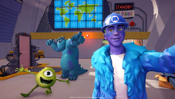 Screenshot of Disney Dreamlight Valley showing Mike, Sulley, and a player character in a Monsters, Inc.-themed room.