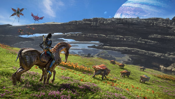 Screenshot from Avatar: Frontiers of Pandora showing a Na'vi riding an alien creature across a vibrant landscape with floating mountains.