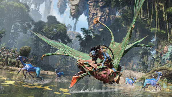Screenshot from Avatar: Frontiers of Pandora showing a character flying on a creature above a lush, alien landscape with exotic animals.