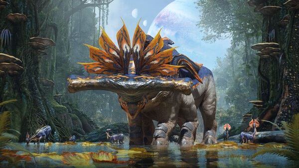 Screenshot of Avatar: Frontiers of Pandora. A large, colorful creature stands in a lush, alien forest with smaller creatures nearby.