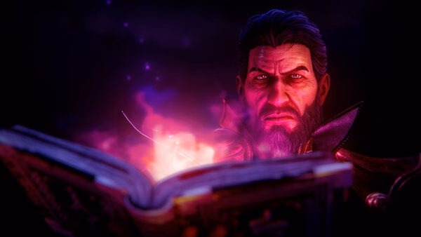 Diablo II: Resurrected screenshot showing a character reading a glowing book with purple and pink magical effects.