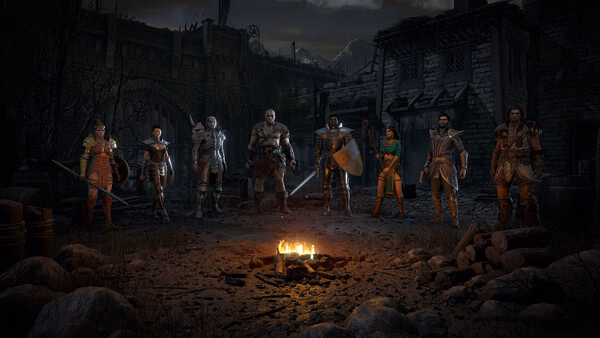 A screenshot from Diablo II: Resurrected showing seven character classes standing around a campfire in a dark, ruined setting.