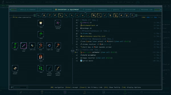 Screenshot of Caves of Qud showing the inventory screen with various items and equipment listed, including weapons and cybernetics.