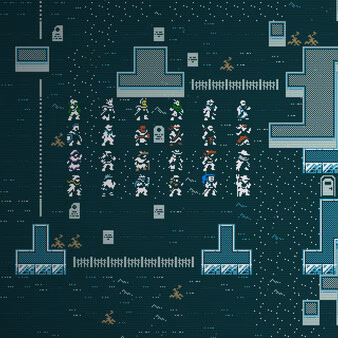 Caves of Qud screenshot: A group of characters stand near structures and fences in a pixelated, snowy landscape.