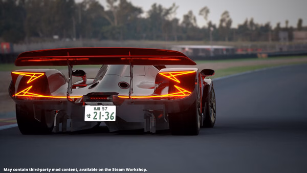 Screenshot from Automation - The Car Company Tycoon Game showing a sleek race car speeding down a track with trees in the background.