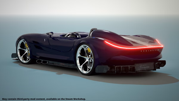 Screenshot from 'Automation - The Car Company Tycoon Game' showing a sleek, dark blue sports car with illuminated rear lights.