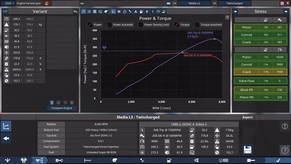 Screenshot from Automation - The Car Company Tycoon Game showing engine stats, power and torque graphs, and component stress levels.