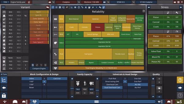Screenshot of Automation - The Car Company Tycoon Game showing engine configuration stats, highlighting reliability and stress factors.