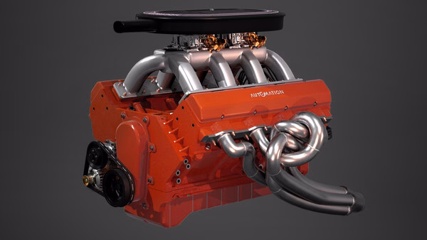 Screenshot from 'Automation - The Car Company Tycoon Game' showing a detailed view of a red engine with chrome headers.