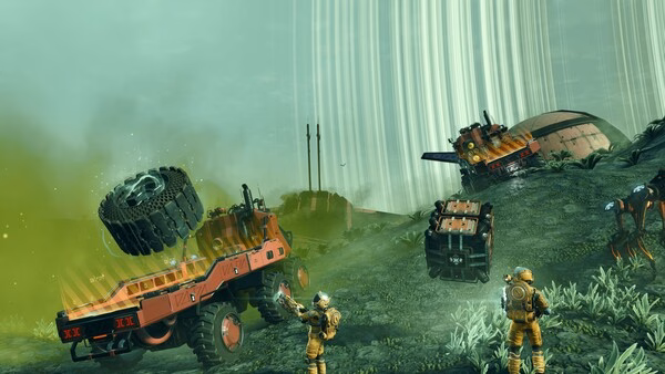 Screenshot from No Man's Sky showing astronauts exploring an alien planet with a rugged terrain vehicle and a spaceship in the background.