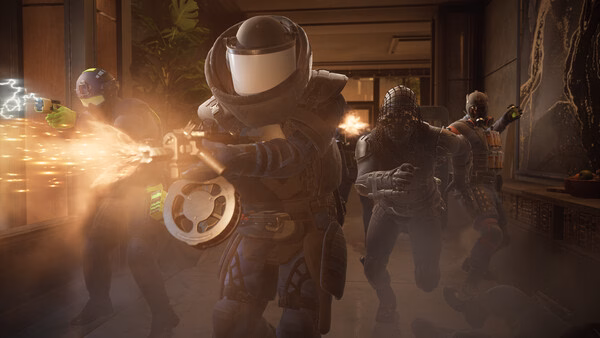 PAYDAY 3 screenshot: Group of armed characters in tactical gear, one firing a weapon with visible muzzle flash in a dimly lit corridor.