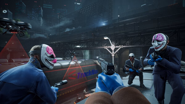 PAYDAY 3 screenshot: Three masked characters aiming weapons in an urban setting with a drone overhead and a train in the background.