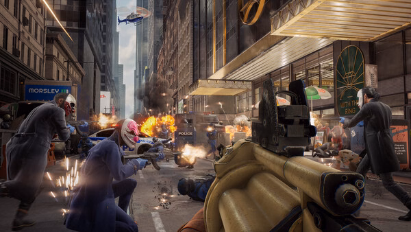 PAYDAY 3 screenshot: Action-packed street scene with masked robbers in a firefight against police amidst explosions and chaos.