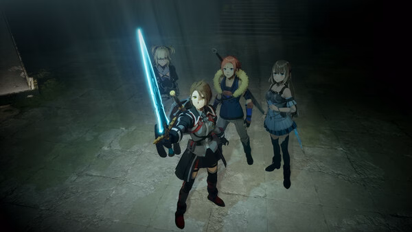 Echoes of Aincrad screenshot: Four characters in armor stand ready, one holding a glowing sword, in a dimly lit stone room.