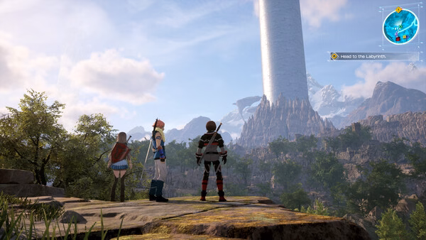 Screenshot from Echoes of Aincrad showing three characters standing on a hill, gazing at a towering structure in the distance.
