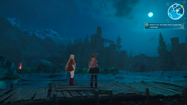 Echoes of Aincrad screenshot: Two characters stand on a wooden dock under a glowing moon, overlooking ruins and a quest marker.