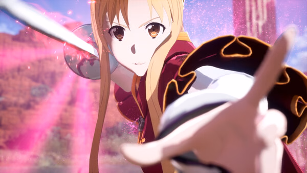 Screenshot from Echoes of Aincrad showing a character wielding a glowing sword with a dynamic background.
