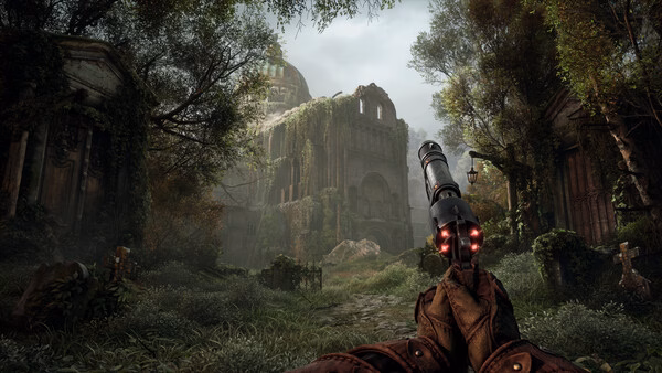 A Witchfire screenshot showing a player aiming a glowing weapon at an overgrown, ruined building in a lush forest setting.