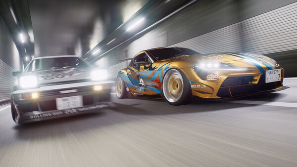 Tokyo Xtreme Racer screenshot showing two cars racing through a brightly lit tunnel, with motion blur emphasizing high speed.