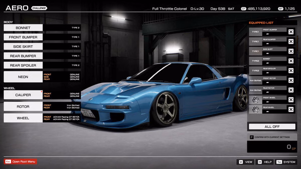 Screenshot from Tokyo Xtreme Racer: A blue sports car shown in a garage with customization options displayed on the screen.