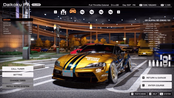Tokyo Xtreme Racer screenshot: A gold GR Supra RZ is parked in Daikoku PA at night, surrounded by other cars and bright lights.