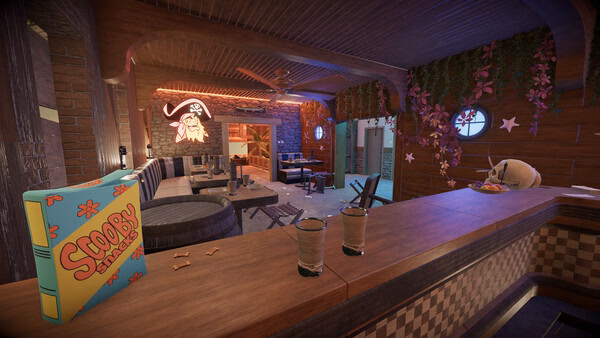 House Flipper 2 screenshot: A lively bar area featuring a Scooby Snacks box and tropical decor with plants and starfish accents.