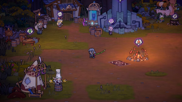 Lost Castle 2 screenshot: A character with a sword stands in a colorful village with NPCs, tents, and a glowing campfire.