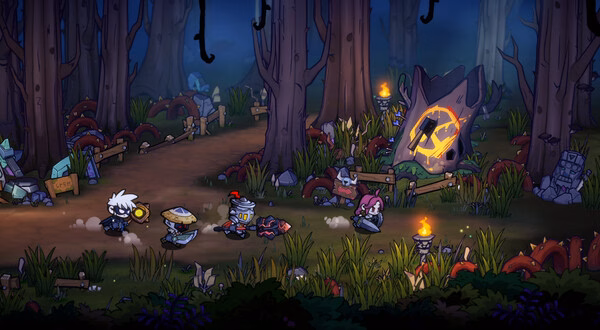 Screenshot from Lost Castle 2 showing four characters exploring a mystical forest with glowing stones and eerie trees.