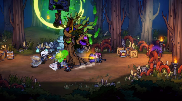 Screenshot from Lost Castle 2: Players battle a mystical tree creature in a forest, surrounded by glowing green lights and crates.