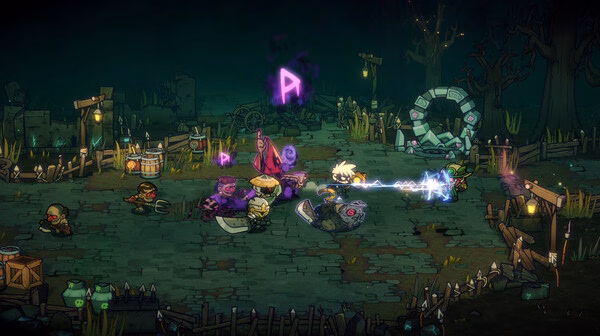 Lost Castle 2 screenshot: Characters battle zombies in a dark, eerie forest setting with glowing runes and mystical elements.