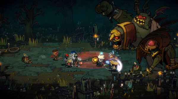 Lost Castle 2 screenshot: Players battle a giant armored monster in a dark, eerie forest filled with ruins and scattered enemies.
