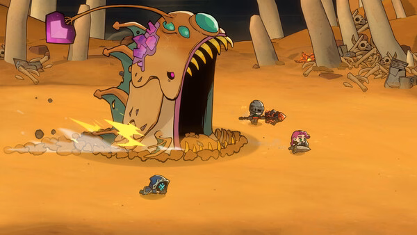 Screenshot from Lost Castle 2 showing players battling a giant, monstrous creature in a desert setting with scattered debris.