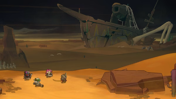 Lost Castle 2 screenshot: Four adventurers traverse a desert landscape with a large, abandoned shipwreck in the background.