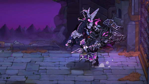 Lost Castle 2 screenshot: A heavily armored character wields a large weapon, standing on a stone pathway in a dark, mystical setting.