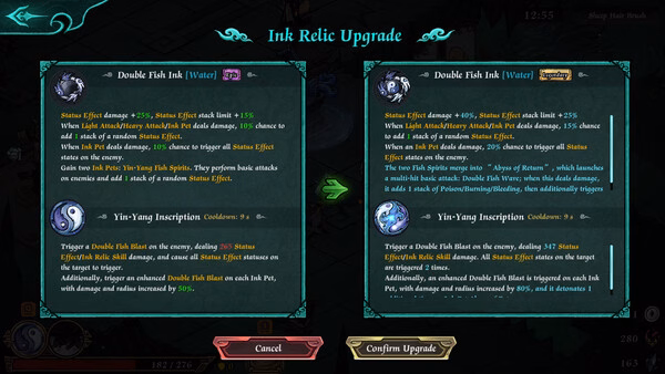 Screenshot from Realm of Ink showing an Ink Relic Upgrade menu with options for Double Fish Ink and Yin-Yang Inscription.