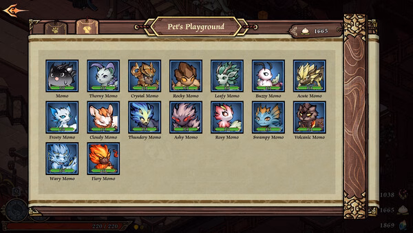 Screenshot from Realm of Ink showing the Pet's Playground menu with various Momo characters displayed in colorful boxes.