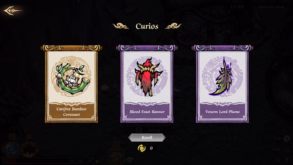 Screenshot from Realm of Ink showing three Curios cards: Campfire Bamboo Covenant, Blood Feast Banner, Venom Lord Plume.