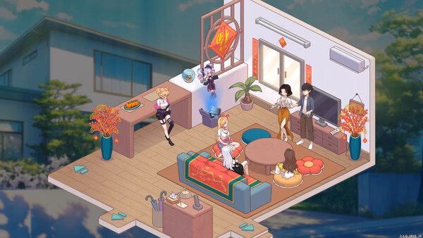 Screenshot from Love n Life: Happy Student showing five characters in a cozy, decorated living room with a large window view.